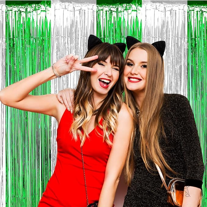4 Pack Foil Fringe Curtain Backdrop, 3.28Ft x 8.2Ft Metallic Tinsel Foil Fringe Streamers Curtain for Photo Booth, Wedding, Mardi Gras Birthday Carnival St Patrick Day Party Decoration (Silver Green)