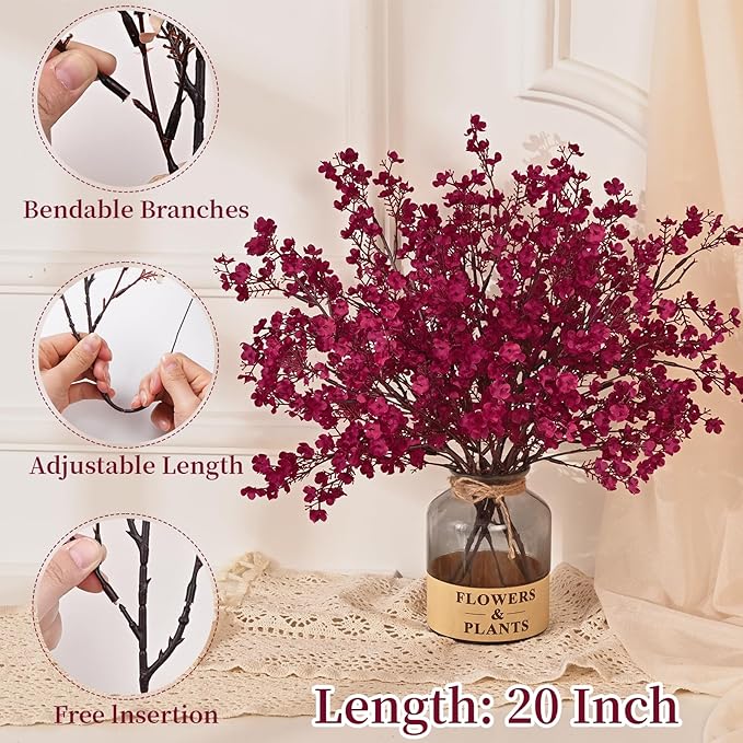 Yastouay Fake Fall Flowers Real Touch Silk Flowers, 15Pcs Fall Burgundy Artificial Flowers for Decorations, Babys Breath Artificial Flowers Bulk for Thanksgiving Fall Decor Floral Arrangement