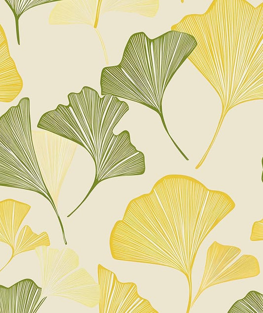 Gingko Wallpaper Peel and Stick, Yellow/Green Leaf Contact Paper, Vintage Autumn Botanical Leaves Wall Paper 17.5" x 118" Self Adhesive Removable Waterproof for Bedroom Shelves Cabinet Drawer Table