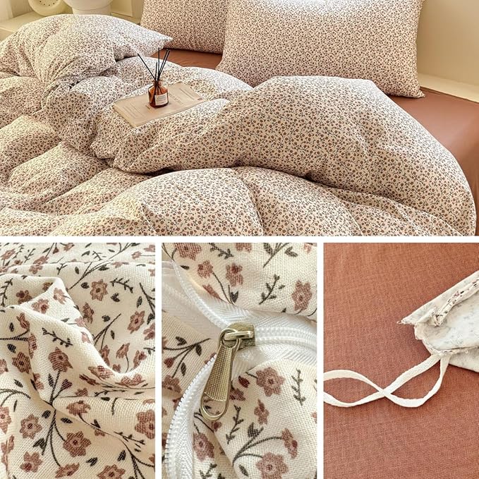 LifeTB Muslin Cotton Duvet Cover Set Twin Size Vintage Floral Duvet Cover Ultra Soft Breathable Comforter Cover Chic Flower Bedding Set Linen Feel Textured Gauze Comforter Cover with Zipper Closure