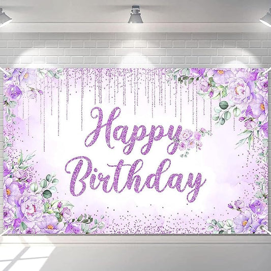 Avezano Happy Birthday Backdrop Banner for Girls Women Happy Birthday Party Decorations Floral Glitters Bday Banner Party Supplies (Purple, 6x3.6ft)