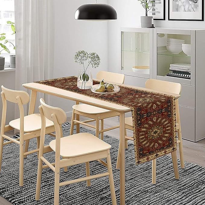 Boho Paisley Table Runner, Classic Traditional Red Gold Mandala Vintage Farmhouse Decor Table Runner for Kitchen Dining Festive Holiday Party Wedding Gathrting, 13x90 Inch