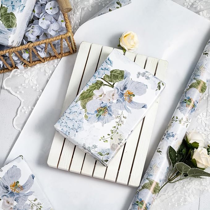 LeZakaa Floral Wrapping Paper Roll, Blue Hydrangea Flowers Party Gift Wrap for Wedding, Bridal Shower, Baby Shower, Anniversary, Mother's Day, Birthday, Mini Roll, 17 inches x 32.8 Feet
