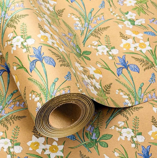 MAYPLUSS Kraft Floral Wrapping Paper - 17Inch x 16.5Feet - Elegant Meadow Gift Wrap Boho Garden Watercolor Flower Gift Wrapping Paper for Birthday, Wedding, Mothers Day, Bridal Shower, Engagement