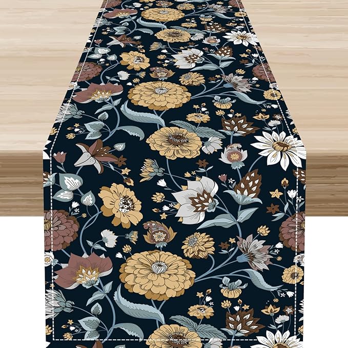 Boho Floral Table Runner, Vintage Traditional Farmhouse Boho Floral Linen Coffee Table Center Decor for Family Kitchen Farmhouse Holiday Party Table Decorations Indoor Outdoor 13x36 inch