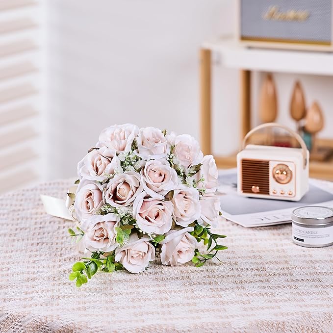 Wedding Bouquets Large for Bride, Bridal Silk Artificial Flowers 14pcs Pink Champagne Roses 10 in Fake Flowers for Wedding Party, Ceremony, Anniversary & Home Decor(Come with 4 kinds of Ribbons)