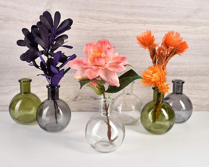 Serene Spaces Living Set of 6 Small Green Ball Bud Vases, Transparent Glass Vases for Weddings, Events, Parties, Floral Centerpieces for Home Decor, Measures 4" Tall