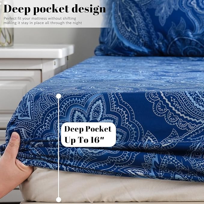 Bedlifes California King Sheet Set Ultra Soft, Breathable, Silky Flower Deep Pocket 100% Microfiber Bedding, 4 Piece Cal King Size Paisley Dark Navy Blue