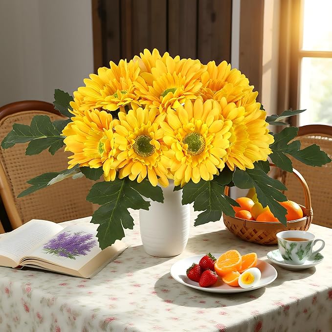 IPOPU 2 Bundles Artificial Gerbera Daisy Flowers 14 Heads Yellow Fake Daisy with Stems Faux Silk Daisy Flower for Wedding Bridal Bouquet Party Floral Arrangements Home Table Centerpiece Decor (Yellow)