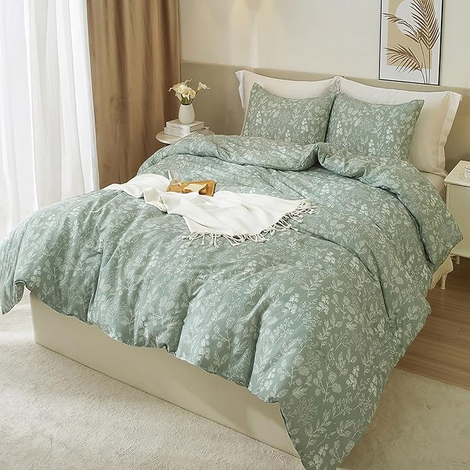 Duvet Cover Queen Size Green Floral Bedding Set Queen Soft Cotton for Girl Garden Style Vintage Floral Comforter Cover with 2 Pillowcases 3 Piece Aesthetic Botanical Queen Bedding Duvet Cover Set