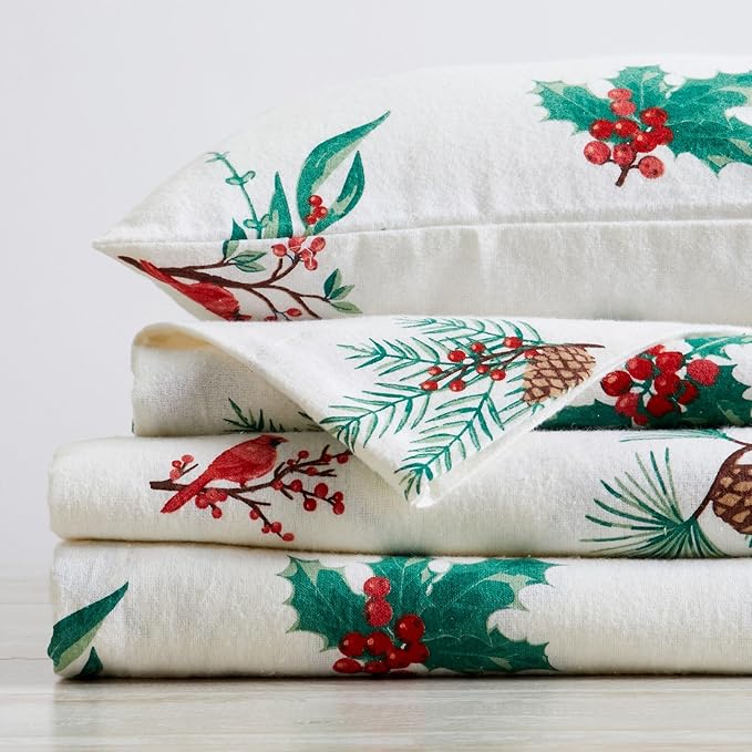 Market & Place 100% Cotton Full Flannel Sheet Set | 4 Piece Deep Pocket Novelty Cozy Winter Bed Sheets | Double Brushed for Extra Softness & Comfort | Alpine Collection (Full, Cardinal & Pine)