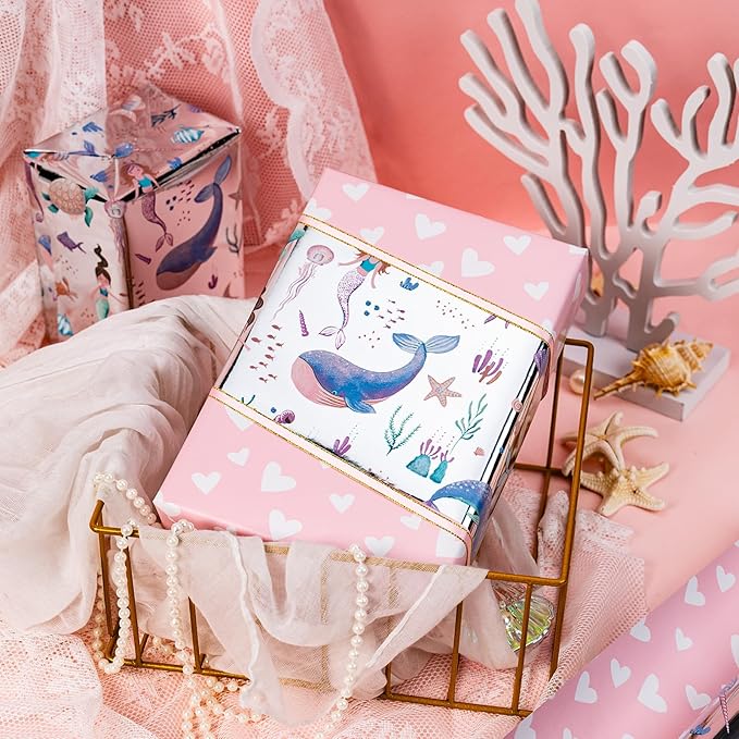 Homeral Mermaid Wrapping Paper Roll, Reversible Gift Wrap with Metallic Foil Whale, Turtle, Shell, Ocean Themed with Pink Heart for Girl Birthday, Baby Shower - Mini Roll - 17 Inch x 16.5 Feet