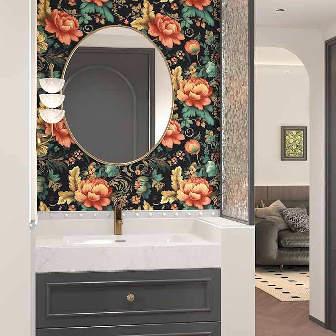 Vibrant Floral Peel and Stick Wallpaper Vintage,Boho Colorful Contact Paper,Peel Stick Cabinet,Wallpaper for Bedroom Bathroom Wall Removable Dark Black 17.5 x 118In
