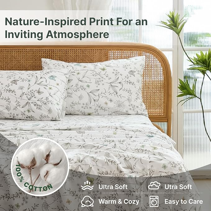 100% Cotton Sheet Set King Size – 4-Piece Chic White Floral Bedding Set, Soft Breathable Percale Weave, Deep Pocket Fitted Sheet 17.5", Crisp Cool Feel, Refined Botanical Elegance