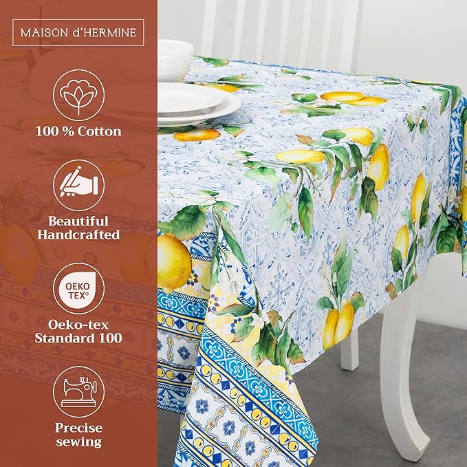 Maison d' Hermine Table Cloth Rectangle Table 100% Cotton 70 x 90 Inches Tablecloth Reusable Decorative Everyday Use for Dining Room, Farmhouse, Home, Party, Festive & Wedding Spring Summer - Citrus