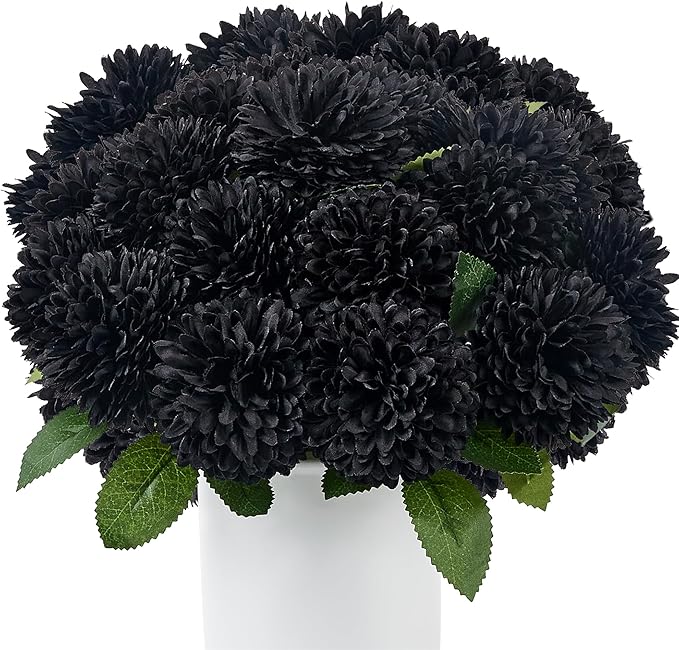 SITUMEIZI 12 Pcs Black Artificial Chrysanthemums Flowers Ball Flower Fake Mums Silk for Halloween Thanksgiving Day Fall Wedding Home Decoration Floral Arrangement