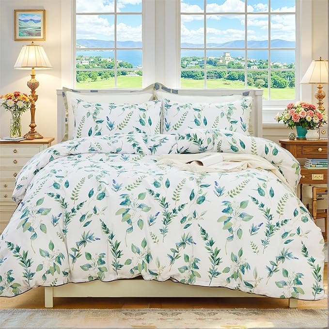 Botanical 100% Cotton Duvet Cover King Size - 3Pcs Mint Green Printed with Sage & Emerald Leaves on White,Reversible Lightweight and Soft Bedding Sets