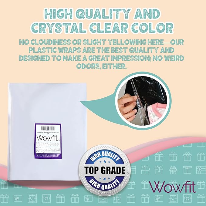 Wowfit Cello Bags,10 CT 24x30 inches Clear Cellophane Bags Perfect for Gift Baskets, Presents, Weddings, Bridal/Baby Showers and More (Flat, No Gusset, Ribbon Not included)