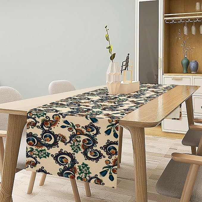 Vintage Bohemian Table Runner, Boho Blue Orange Ornate Paisley Print Table Runner for Kitchen Dining Home Party Decor, 13x108 Inch