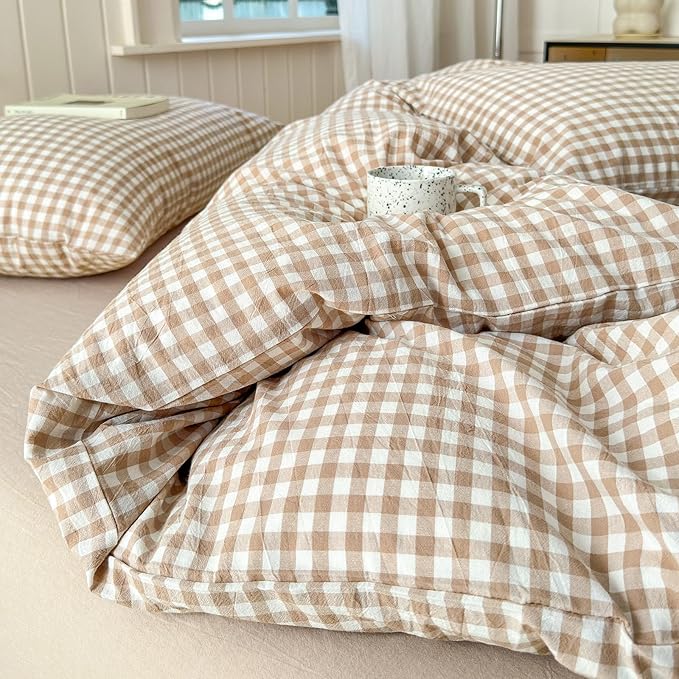 LifeTB Queen Comforter Set Tan Gingham Comforter Modern Style Beige Plaid Comforter Set 3 Pieces Fluffy Grid Checkered Comforter with 2 Pillowcases Boho Gingham Bedding Set Queen Size
