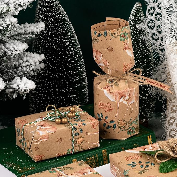 WRAPAHOLIC 30 Inch Kraft Christmas Wrapping Paper - 30 Inch x 33 Feet - Reindeer Wrapping Paper with Holly Design for Christmas, Holiday, Party Celebration