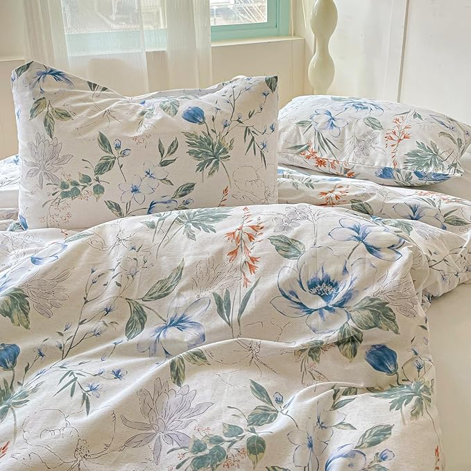 EAVD Cotton Duvet Cover King Size Floral Print Duvet Cover Soft Chic Shabby Garden Colorful Floral Bedding Set with 2 Pillowcases Fresh Spring Botanical Comforter Cover with Zipper Closure