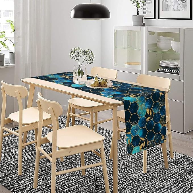 Sky Blue Honeycomb Table Runner Abstract Sea Blue Marble Hexagon Texture Golden Leaves Seasonal Dinner Runner Table Decoration for Farmhouse Home Kitchen Dining Holiday Party 13x90in