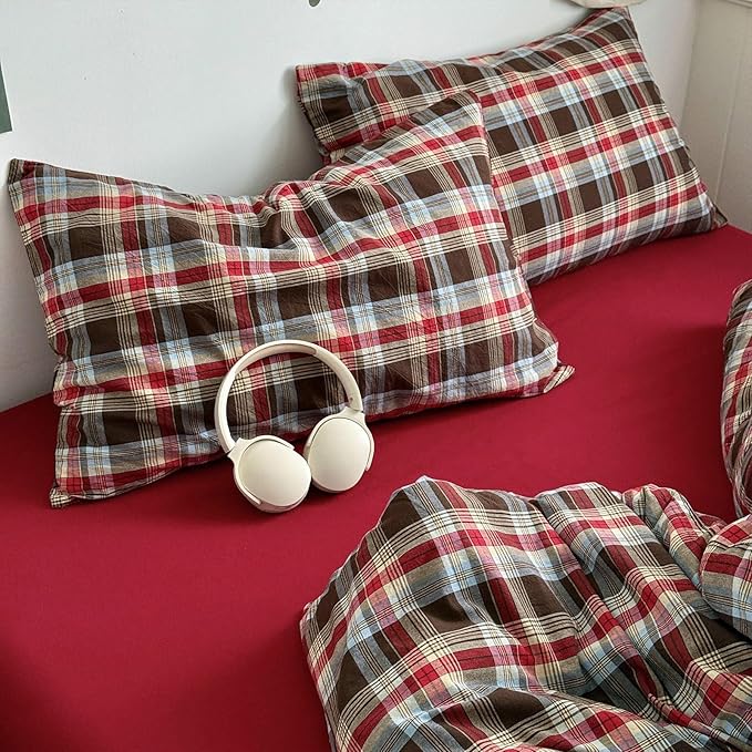 Vintage Buffalo Plaid Comforter Set King Size, 3 Pieces Red Brown Checkered Grid Comforter with 2 Pillowcases, Soft Fluffy Breathable Plaid Printed Gingham Bedding Comforter Set for All Seasons
