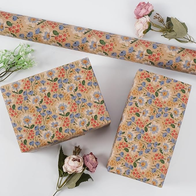 Aimyoo Watercolor Floral Kraft Wrapping Paper Roll, 17 inch x 16.4 ft All Occasion Vintage Flower Gift Wrap for Wedding Birthday Bridal Shower
