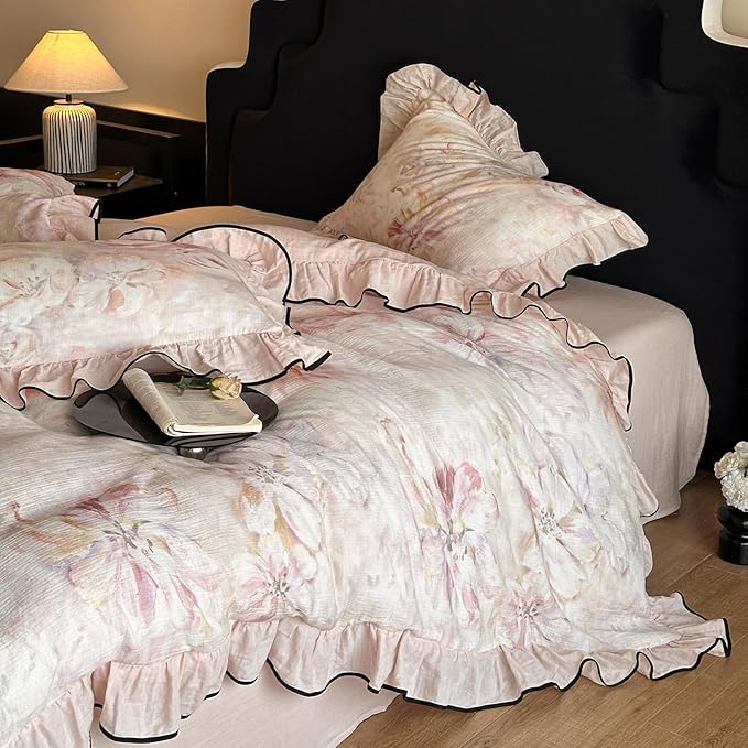 HighBuy Pink Floral Pure Linen Duvet Cover Set Twin,Ruffle Comforter Cover Chic Cottagecore Yarn-Dyed Breathable for Teen Girls,3 Piece Farmhouse Bedding Set(1 Duvet Cover,2 Pillowcases)