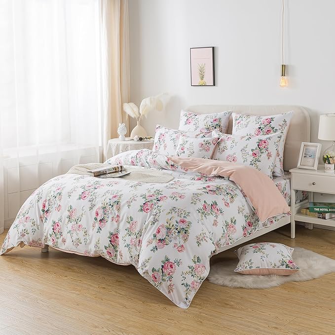 FADFAY Duvet Cover Set Twin Pink Rose Floral Bedding Shabby Peony Flower Quilt Cover Set Vintage Farmhouse Bedding 100% Cotton Soft Comforter Cover Set with Hidden Zipper Closure 3Pcs, Twin Size
