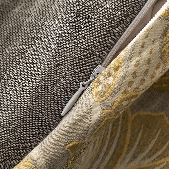 Golden Floral Duvet Cover Twin XL Vintage Jacquard Flower Bedding Set Linen Cotton Yarn-Dyed Textured Duvet Cover Bordered Farmhouse Boho Floral Comforter Cover with Zipper Closure Cozy Breathable