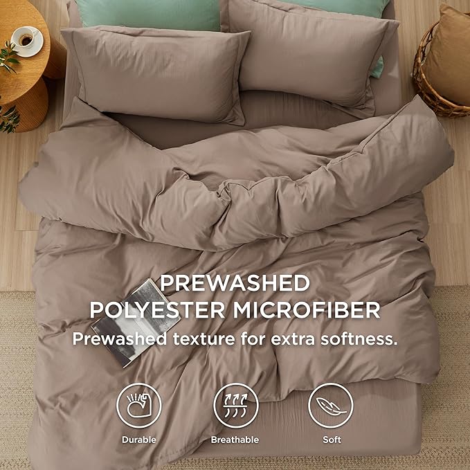 Bedsure California King Size Duvet Cover with Fitted Sheet - 4 Pieces Prewashed Cotton-Like Extra Soft Bedding Set, Includes 1 Duvet Cover 104x98 Inches, 2 Pillow Shams, 1 Fitted Sheet, Khaki
