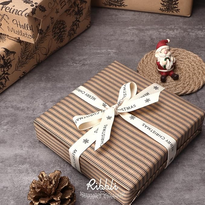 Ribbli Christmas Wrapping Paper, 4 Rolls Vintage Christmas Gift Wrapping Paper, Brown Kraft Paper with Black Pattern, 17 x120 inch(10ft) Per Roll