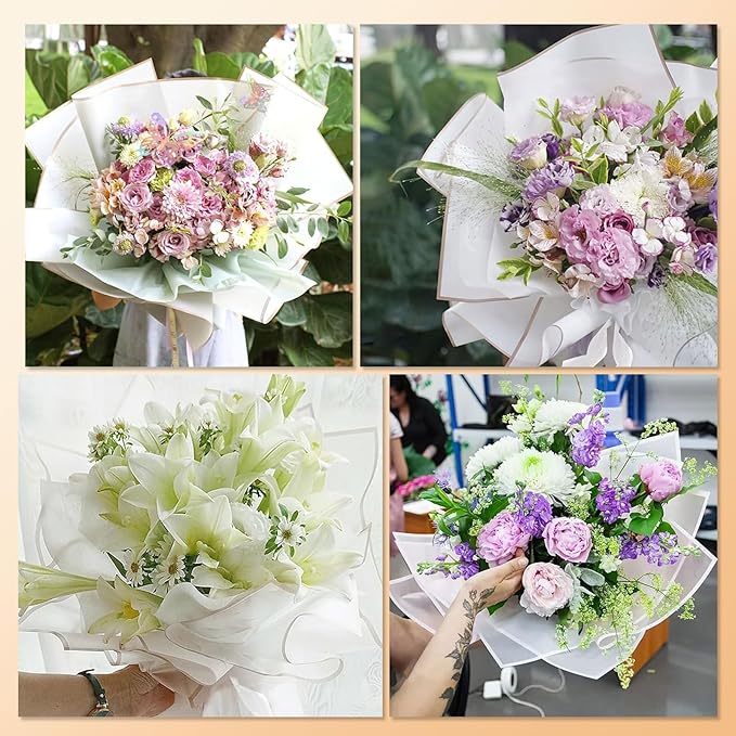 YOUlDIANZI Bouquet Wrapping Paper Kit - 20 Sheets Waterproof Floral Paper in Black, Pink, Beige With Ribbons, Flower Pins, 3D Butterflies for Florist Wrap