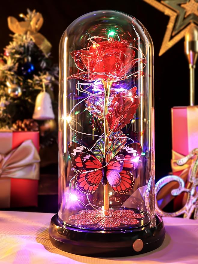 Christmas Rose Gifts for Women, Gift for Birthday Rechargeable Galaxy Glass Rose Light Up Roses In Glass Dome Forever Crystal Flowers Butterfly Xmas Gifts for Women Mom Grandma Sister Her Wife Red