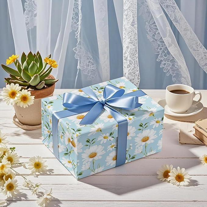 LeZakaa Daisy Wrapping Paper Roll for Girls Women, Light Blue Daisy Fresh CheerfuDesign, for Spring Summer Baby Shower, Bridal Shower, Mini Roll 17 in x 16.4 Ft