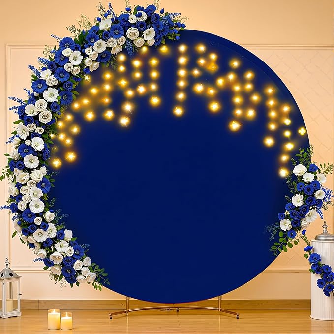 6.6 FT Navy Blue Round Backdrop Cover with Lights String for Circle Arch Stand Circle Backdrop Covers with LED Fairy Lights for Wedding Arch Baby Shower Birthday Party Photo Photography Background