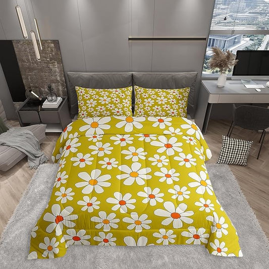 Castle Fairy Hippie Flowers Bedding Set King Size,70s Retro Floral Comforter Set Room Decor for Couple,Groovy Cartoon White Daisy Microfiber Down Comforter,2 Pillowcases