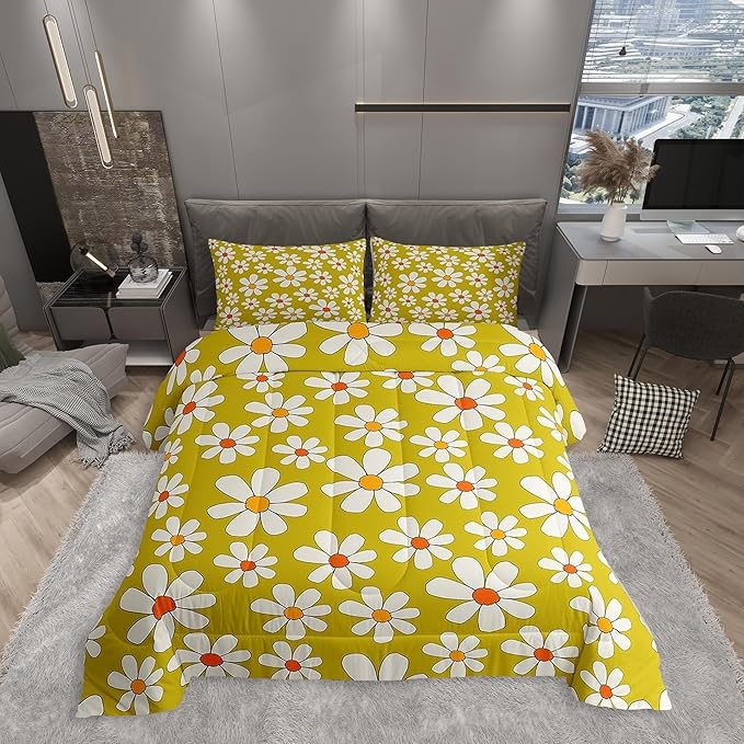 Hippie Flowers Comforter Set Full Size,70s Retro Floral Bedding Comforters Room Decor,Groovy Cartoon White Daisy Quilt Set with 2 Pillowcases,Teens Present