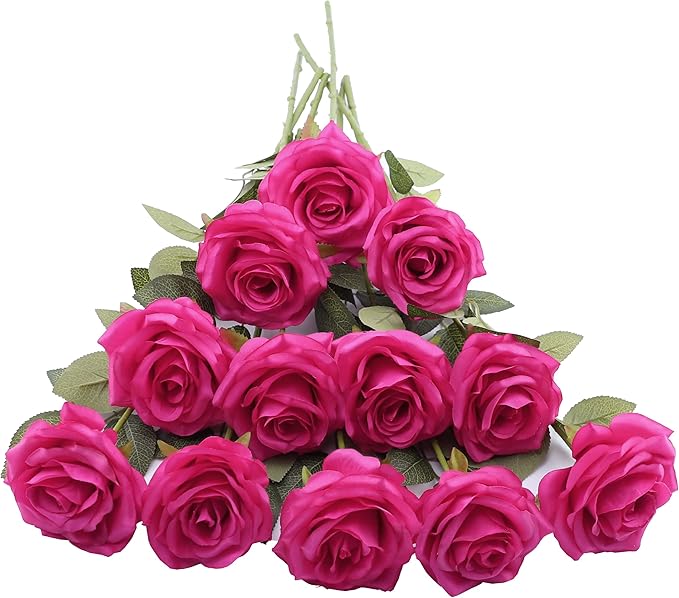 12pcs Artificial Rose Flower Hot Pink Rose Flower with Long Stem Silk Roses Bouquet for Wedding Bridal Shower Party Home Decoration