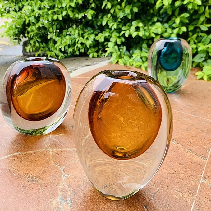 Crystal Vase, Modern Decorative Vase, Minimalist Floral Vase, Light Luxury Style for Home Decor, Centerpiece, Office, Pampas Grass, Dried Flowers, Flowers and Buds (Big Amber)
