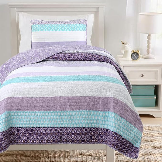 Cozy Line Home Fashions Purple Baby Blue Floral Striped Ruffle Girl 100% Cotton Reversible Quilt Bedding Set, All-Season Coverlet Bedspread (Lilac Flower, Queen-3 Piece)