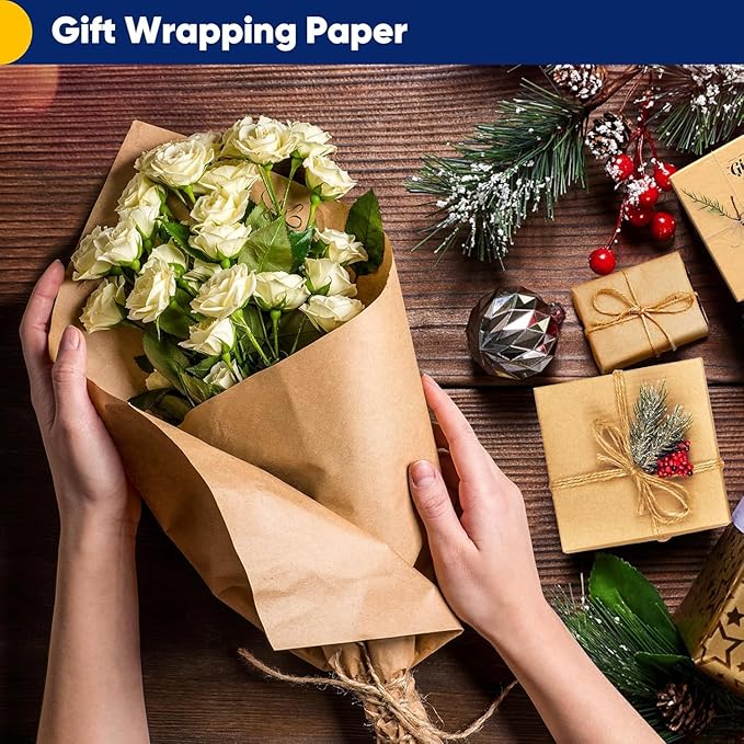 Vanhench 48"x1500"(125') Brown Wrapping Paper, Birthday Wrapping Paper, Solid Color Art Kraft Craft Paper for Thanksgiving Gift Wrapping, Bouquet Flower Crafts Packing Poster Bulletin Board Paper