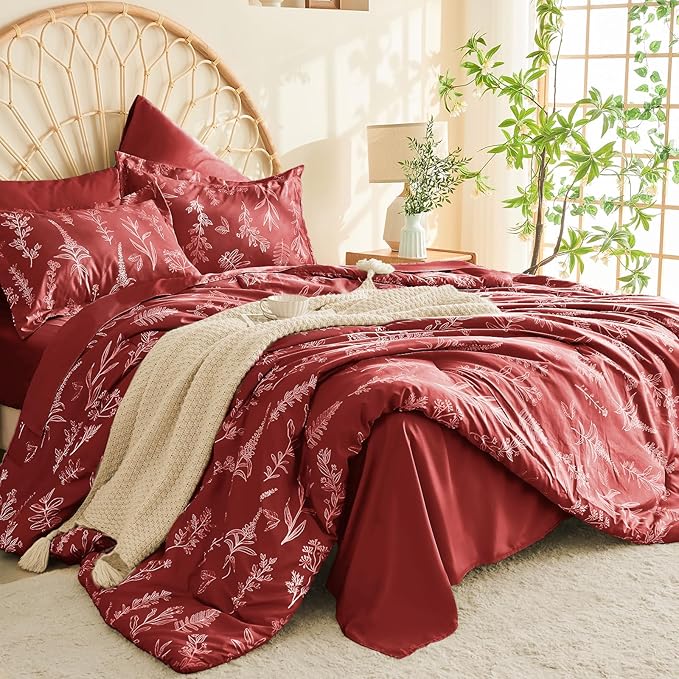 MUXHOMO Duvet Cover Full Size, Reversible Floral Terracotta Duvet Cover Set with Zipper Closure, 3 Pieces Botanical Patterns Soft Microfiber Bedding Set with 4 Ties (80"x90", 2 Pillow Cases)
