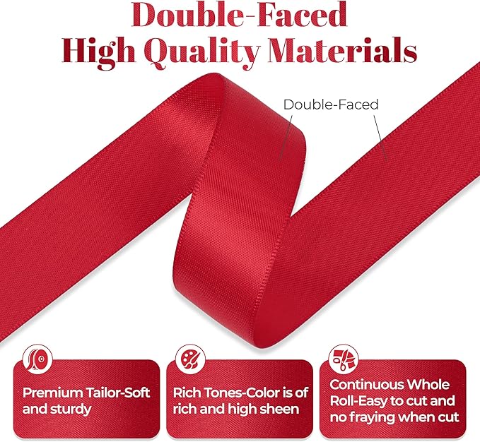 Red Satin Ribbon, Double Faced 7/8 Inch X 25 Yards, Premium Satin Ribbon for Gift Wrapping, Crafts, Hair Bow Making, Sewing, Flower Bouquet, Wedding Party Decor