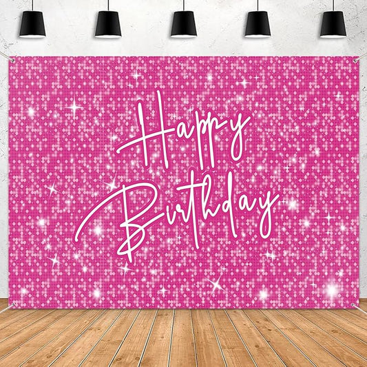 Happy Birthday Decoration for Women Shiny Pink Neon Party Backdrop Glitter Banner for Girl Princess Party Table Wall Decorations Pink Sparkle Birthday Photo Booth Studio Background 7x5ft