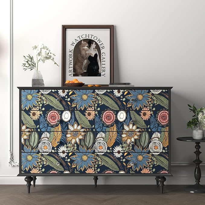 Boho Wallpaper Peel and Stick, Dark Vintage Floral Contact Paper, Retro Botanical Flower Wall Paper Self Adhesive Removable Waterproof for Walls Shelf Cabinet Table 17.5" x 78.7" (Blue,Yellow, Green)