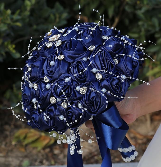 Bridal Wedding Bouquet Round Bling Brooch Bouquet Throw Toss Artificial Rose Flower Bunch for Bride Bridesmaid Wedding Quinceanera(Navy Blue, 7.5")