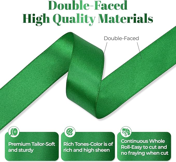 Green Satin Ribbon, Double Faced 7/8 Inch X 50 Yards Green Ribbon, Premium Satin Ribbon for Gift Wrapping, Crafts, Hair Bow Making, Sewing, Flower Bouquet, Wedding Party Decor